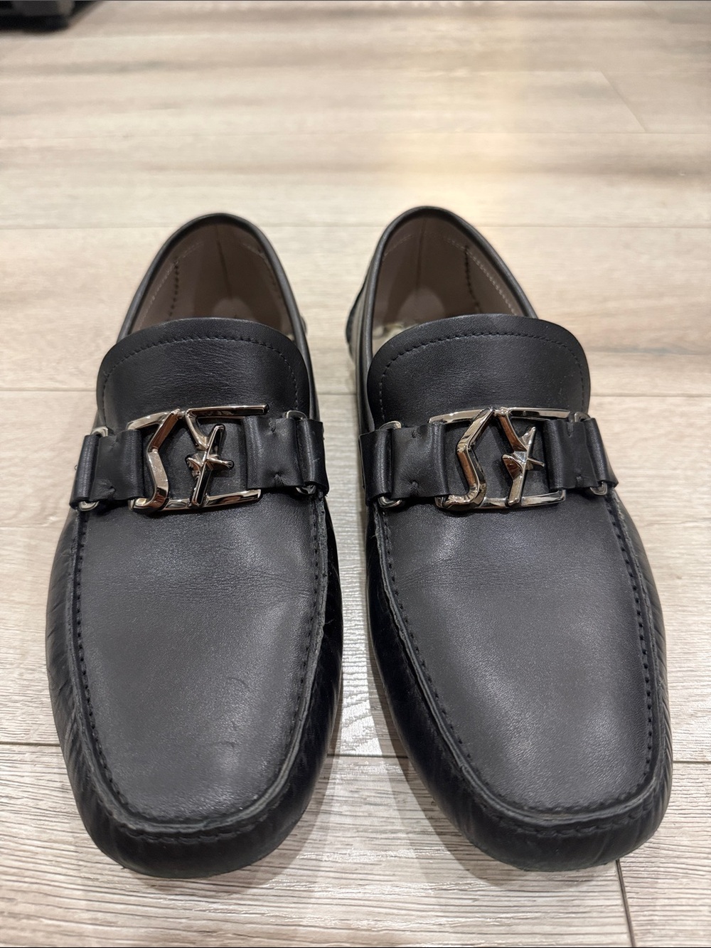 Salvatore Ferragamo Black Leather Loafers with Silver Gancini Accent
